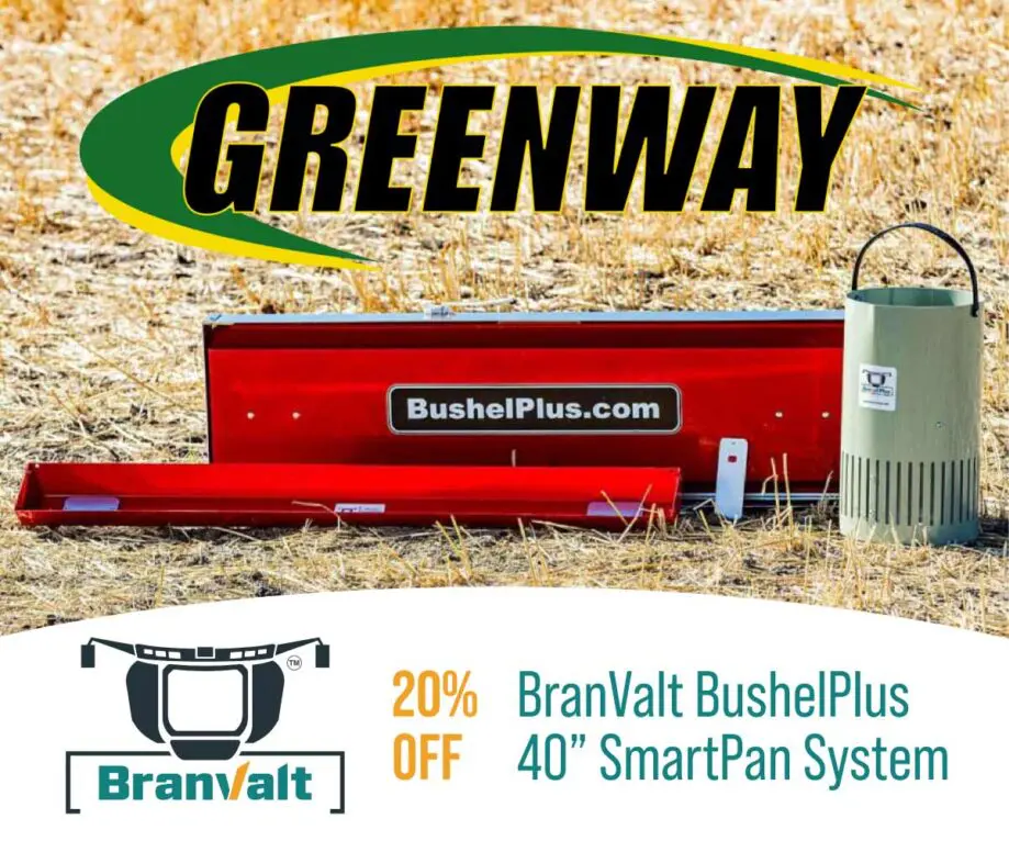 Image of the BranValt Bushel Plus SmartPan System with the Greenway Equipment Logo and 20% Off Offer.