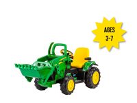 Image of the 12-volt battery powered John Deere Ground Force tractor with loader kids riding toy vehicle.