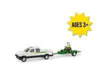 Image of the 1/32 scale John Deere Replica Play toy Pickup truck with trailer and z-track mower set.