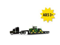 Image of the 1/64 scale John Deere Replica Play 9570RX Scraper Special Tractor with semi truck and lowboy trailer toy set.