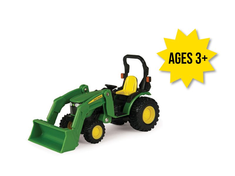 Image of the 1/32 scale John Deere Collect N Play toy tractor with loader.