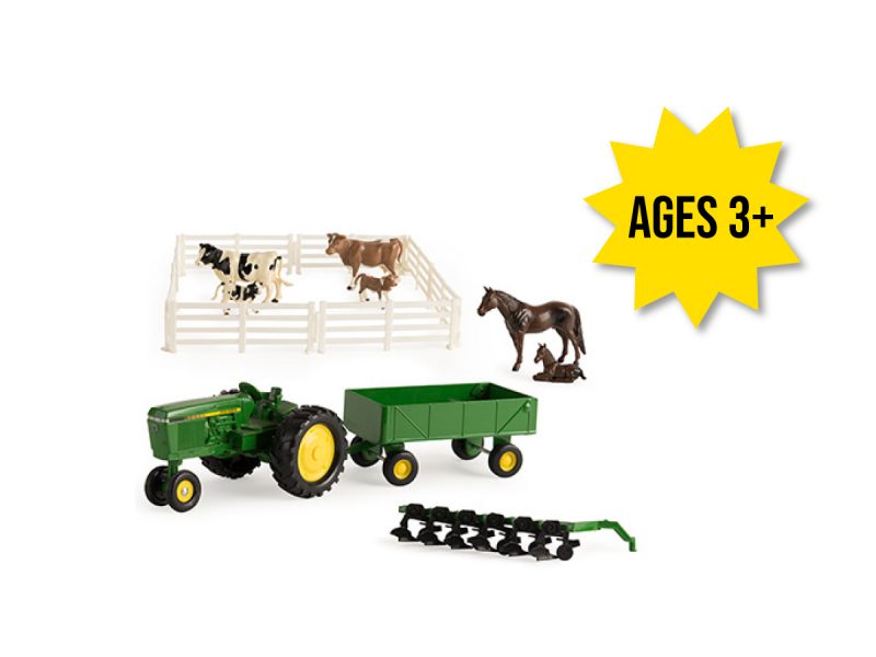 Image of the 1/32 scale John Deere die-cast value set featuring 4020 tractor, wagon, plow, cows, horses and fencing.