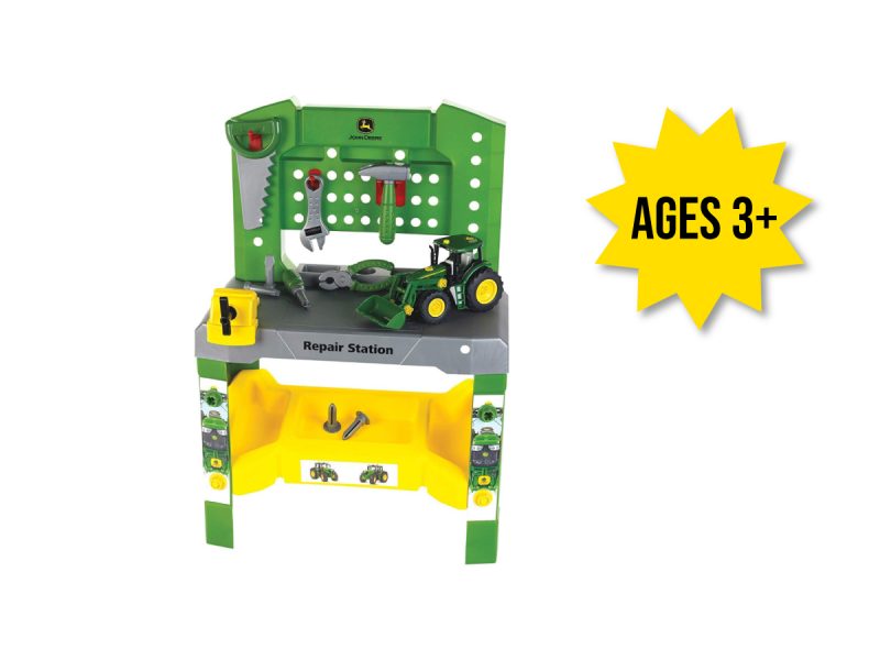 Image of the John Deere Buildable repair station and tractor kids learning toy set.