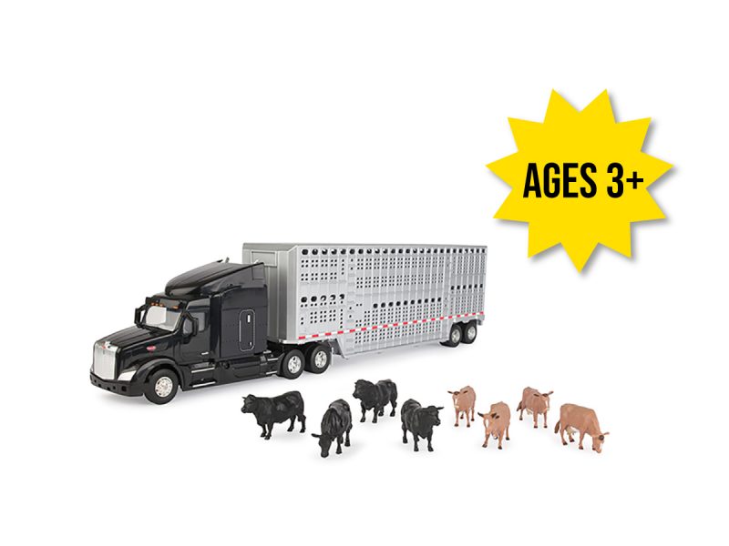 Image of the 1/32 scale Peterbilt Model 579, Livestock trailer and cattle toy play set.