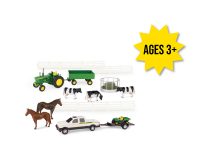 Image of the 1/32 scale John Deere 20 piece toy set including 4020 tractor, barge wagon, 8 inch dealership pickup truck, detachable trailer, gator side by side, 8 pieces of fencing, two large horses, three cows, round hay bale holder and round hay bale.