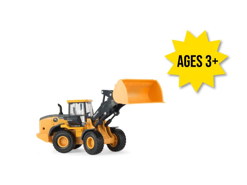 Image of the 1/32 scale John Deere 544L Wheel Loader construction toy with both front bucket and fork attachments.