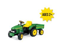 Image of the John Deere 6-volt Power Pull Tractor with Trailer kids riding toy vehicle.
