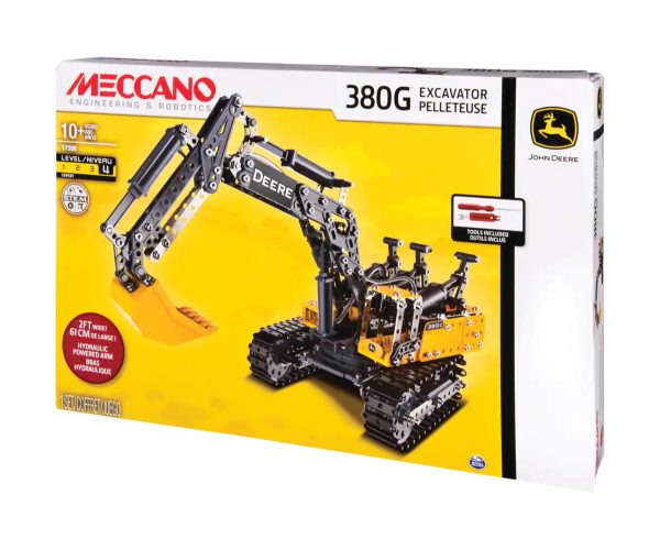 Image of the box packaging of the John Deere 380G Excavator Erector buildable toy excavator.