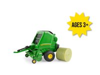 Image of the 1/32 scale John Deere Replica Play 560R Round Hay Baler toy with hay bale.