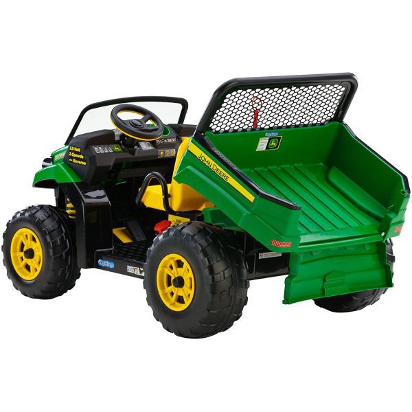 Image of there back of the John Deere 12-volt Gator XUV 550 Dealer Exclusive kids riding vehicle with the bed being dumped.