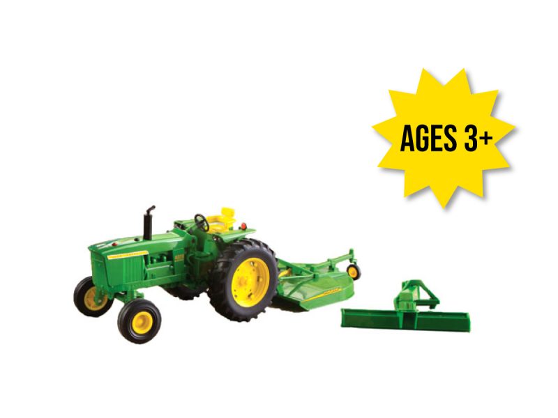 Image of the 1/16 scale John Deere Big Farm 4020 toy tractor set with rear blade and rotary cutter