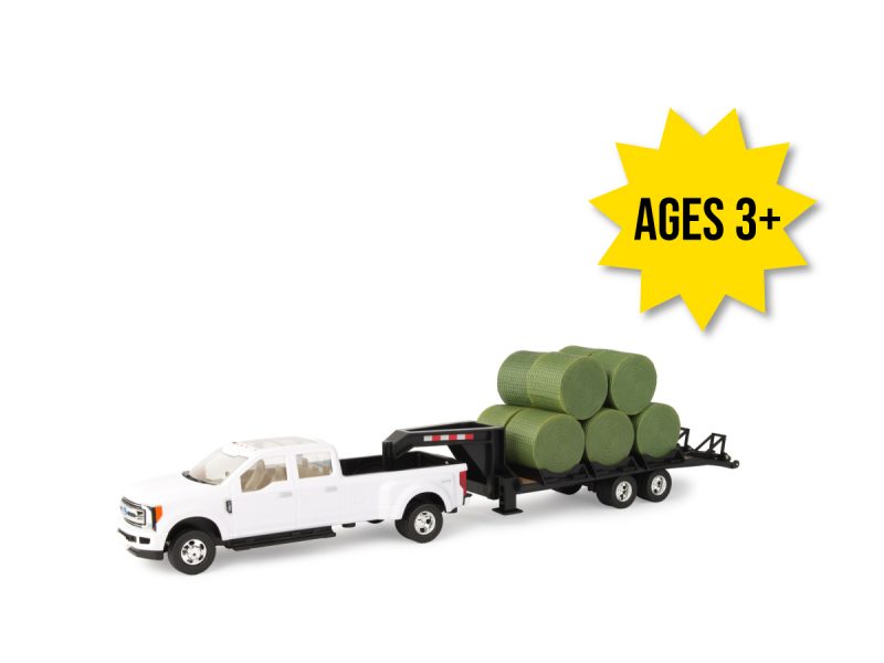 Image of the 1/32 scale ford F-350 pickup truck with gooseneck trailer loaded with round hay bales.