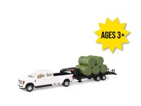 Image of the 1/32 scale ford F-350 pickup truck with gooseneck trailer loaded with round hay bales.