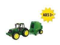Image of the 1/16 scale John Deere Big Farm Tractor and Baler kids toy set.