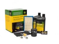 Image of LG256 John Deere Home Maintenance Kit for X300, X304 and X300R series riding lawn mowers and all the items the kit includes.