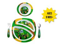 Image of the John Deere Johnny and friends 4 piece kids dish set including divided plate, bow, fork and spoon.