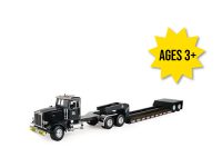 Image of a black 1/16 scale toy Peterbilt Semi truck with black low boy trailer