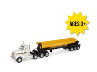 Image of the 1/32 scale toy white Freightliner 122SD Semi truck with Tomy stickers and the black side dump trailer with a yellow dump bucket
