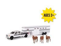 Image of the 1/32 scale toy white Ford Pickup with white fifth wheel horse trailer and three red horses.