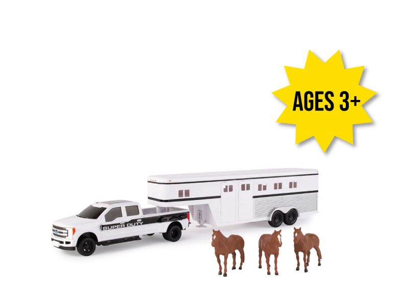 Image of the 1/32 scale toy white Ford Pickup with white fifth wheel horse trailer and three red horses.