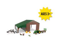 Image of the 1/32 scale toy John Deere Barn and Accessory Kit featuring a dual purpose bar, 4020 tractor with hay wagon, hay bales, animals and accessories.