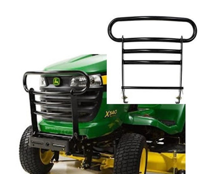 Image of the John Deere Brush Guard Kit for Lawn tractors on the front of a riding lawn tractor.