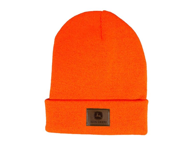 Image of the Orange John Deere High Visibility Beanie with leather John Deere patch.