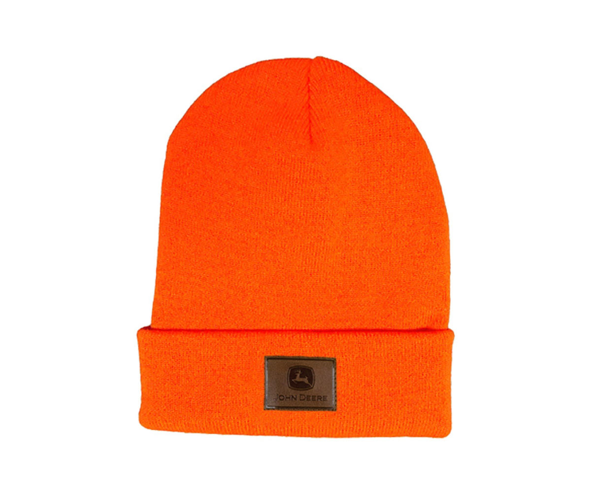 LP47343-Orange-Knit-Beanie-With-Leather-Patch-1 Image of the Orange John Deere High Visibility Beanie with leather John Deere patch.