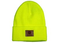 Image of the Bright Yellow high visibility John Deere Knit Beanie with Leather Logo Patch.
