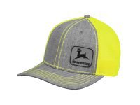 Image of the John Deere high visibility yellow and charcoal grey cap with rubber logo patch.