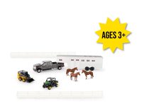 Image of the John Deere 1:32 scale 20-piece Hobby set featuring pickup truck, horse tailer, skid steer, gator, horses and fences.