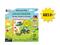 Image of the front cover of the John Deere Colorofms farms, fields and forests children's sticker book.