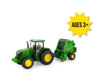 Image of the 1/32 scale John Deere 7270R Tractor and Baler everyday play toy set.