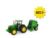 Image of the 1/32 scale John Deere 7270R Tractor and Baler everyday play toy set.