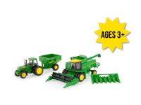 Image of the 1/64 scale John Deere 7720 Combine Harvesting toy set featuring 4555 tractor, 500 grain cart, corn and combine headers.