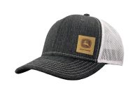 Image of the John Deere unisex black faux suede logo patch hat with mesh back.