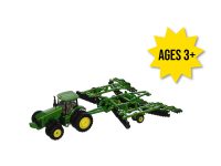 Image of the 1/64 scale John Deere Replica Play 8320R tractor and disc toy play set.