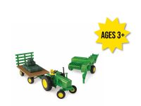 Image of the 1/32 scale John Deere square bale haying toy set featuring 4020 tractor, hay wagon, square baler and hay bales.