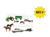 Image of the 1/32 scale John Deere 20 piece toy set including 4020 tractor, barge wagon, 8 inch dealership pickup truck, detachable trailer, gator side by side, 8 pieces of fencing, two large horses, three cows, round hay bale holder and round hay bale.