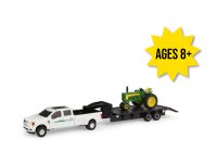 Image of the 1/64 scale John Deere Replica Play Toy F-350 pickup truck, trailer and 530 tractor set.