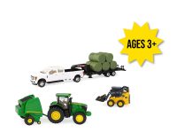 Image of the 1/32 scale John Deere Everyday Play round bale haying toy seat including 7270R tractor, 569 premium round hay baler, 318G skid loader, Ford pickup truck with 5th wheel trailer and hay bales.