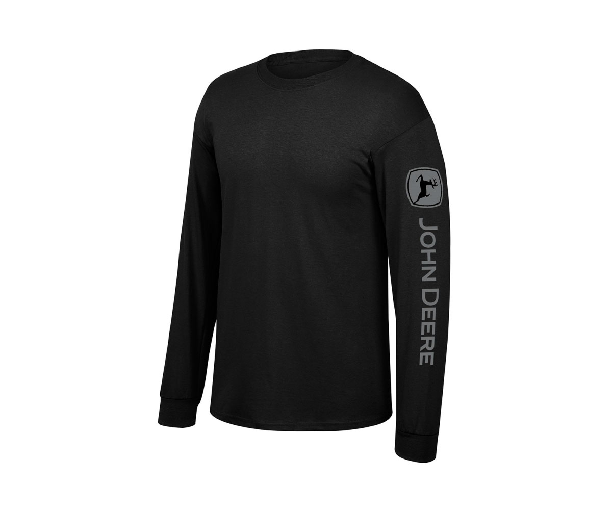 LP71379-John-Deere-Long-Sleeve-T-Shirt-with-logo-on-sleeve-black-1 Image of the black colored John Deere Long Sleeve t-shirt with the John Deere logo on the sleeve.