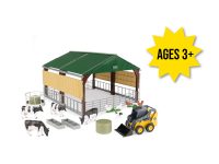 Image of the 1/32 scale John Deere toy Livestock barn play set featuring a skid steer, animals and more.