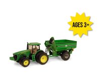 Image of the 1/64 scale John Deere Replica Play 8320R tractor and grain cart toy play set.