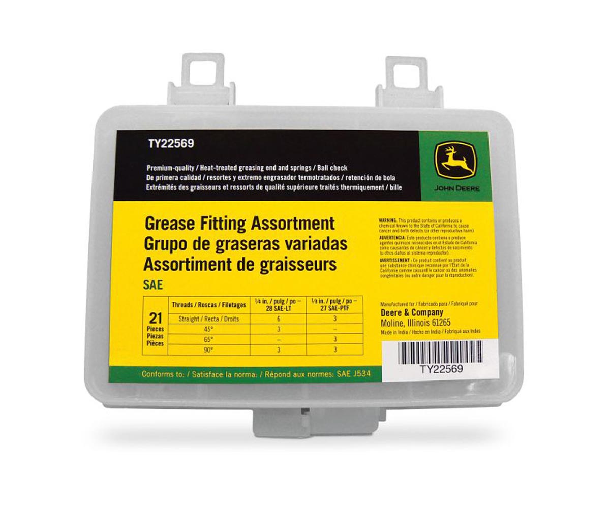 TY22569-John-Deere-21-Piece-SAE-Grease-Fitting-Assortment Image of the John Deere 21-piece SAE Grease Fitting Assortment.