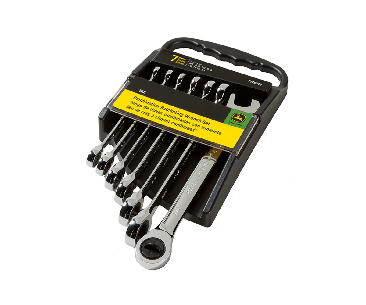 TY25249-John-Deere-7-piece-SAE-offset-Wrench-set Image of the John Deere 7 piece SAE wrench tool set.