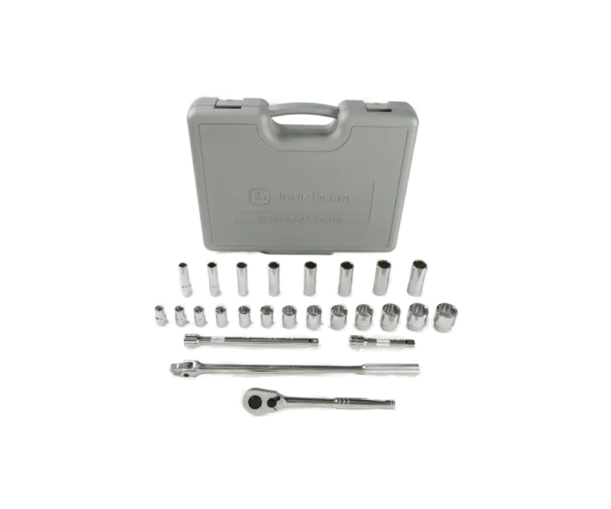 TY25839-John-Deere-25-piece-SAE-1-2-inch-socket-set Image of the John Deere 25-Piece SAE 1/2 inch socket set.