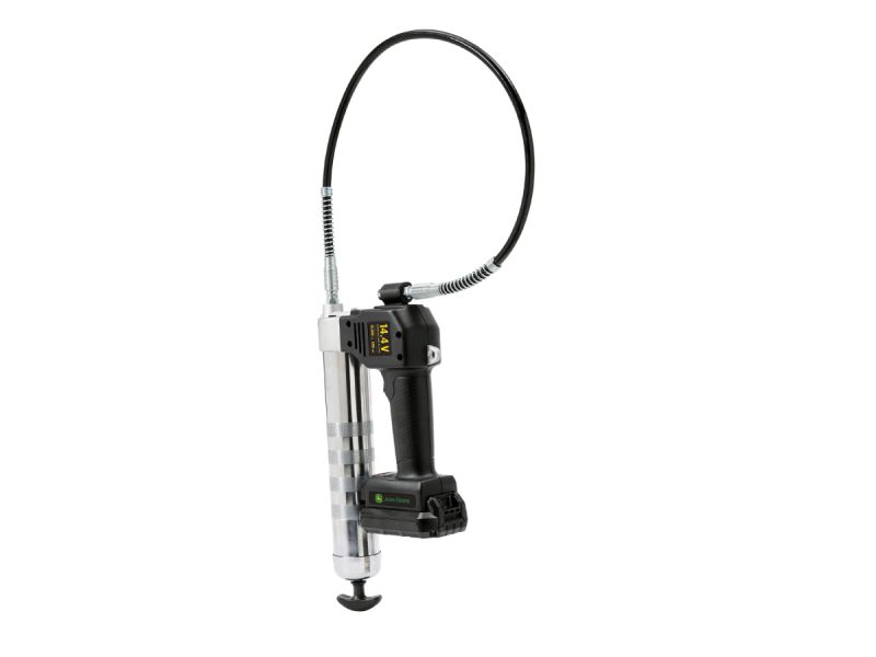 Image of the John Deere 14.4 volt battery powered lithium-ion grease gun kit.