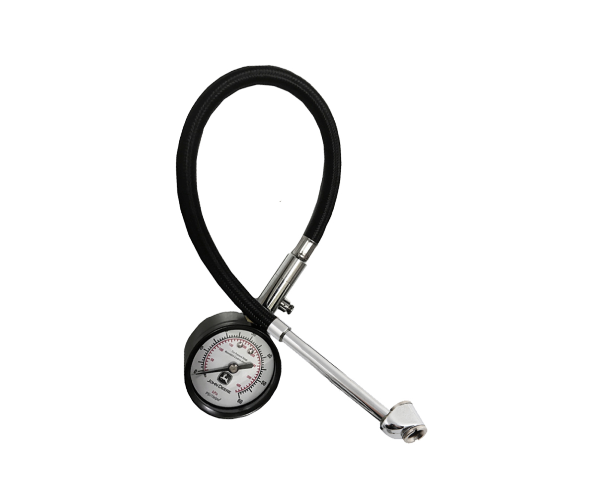 TY27812-John-Deere--Dual-Air-Tire-Gauge-with-12-inch-extension-hose-and-dual-foot-chuck Image of the John Deere Dual Air Tire Gauge with 12-inch extension hose and dual foot chuck.