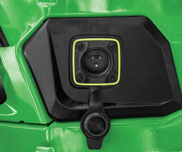 Image of the charging port on the John Deere Z370R Electric ZTrak Zero Turn lawn mower.